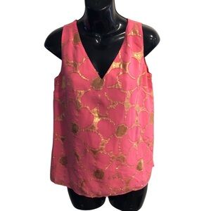 Lilly Pulitzer cipriani pink sun ray metallic gold accent silk chiffon top small